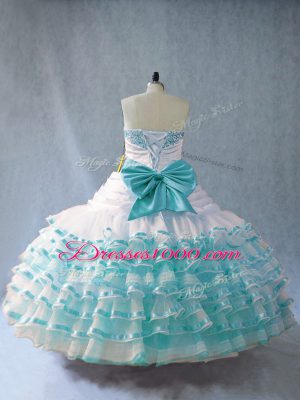 Dynamic Sleeveless Floor Length Embroidery and Ruffled Layers Lace Up Ball Gown Prom Dress with Blue And White