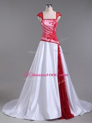 Most Popular Strapless Cap Sleeves Prom Party Dress Court Train Lace and Appliques White And Red Satin