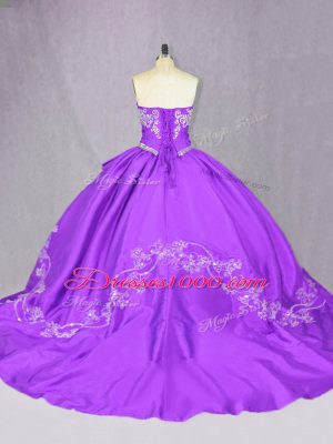 Tulle Sweetheart Sleeveless Court Train Lace Up Beading Quinceanera Dress in Purple