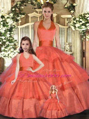 Edgy Orange Red Ball Gowns Halter Top Sleeveless Organza Floor Length Lace Up Ruffled Layers Quinceanera Gown