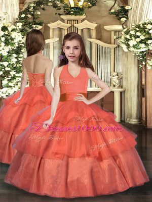 Edgy Orange Red Ball Gowns Halter Top Sleeveless Organza Floor Length Lace Up Ruffled Layers Quinceanera Gown