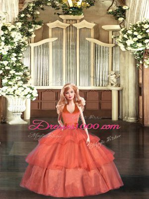 Edgy Orange Red Ball Gowns Halter Top Sleeveless Organza Floor Length Lace Up Ruffled Layers Quinceanera Gown