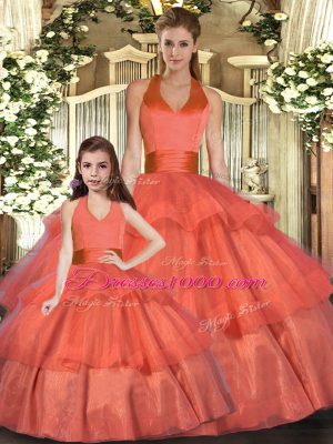 Edgy Orange Red Ball Gowns Halter Top Sleeveless Organza Floor Length Lace Up Ruffled Layers Quinceanera Gown