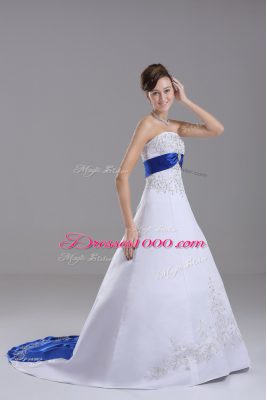 Attractive White Ball Gowns Satin Strapless Sleeveless Beading and Embroidery Lace Up Wedding Dresses Brush Train