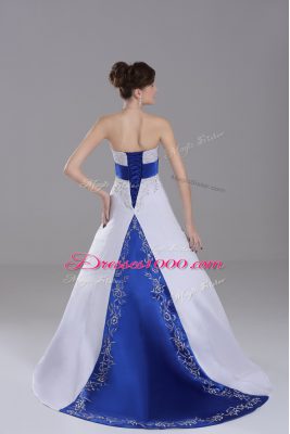 Attractive White Ball Gowns Satin Strapless Sleeveless Beading and Embroidery Lace Up Wedding Dresses Brush Train