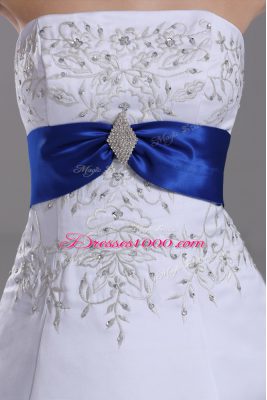 Attractive White Ball Gowns Satin Strapless Sleeveless Beading and Embroidery Lace Up Wedding Dresses Brush Train