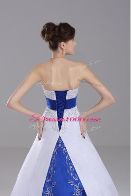 Attractive White Ball Gowns Satin Strapless Sleeveless Beading and Embroidery Lace Up Wedding Dresses Brush Train