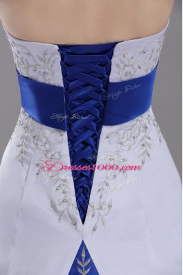 Attractive White Ball Gowns Satin Strapless Sleeveless Beading and Embroidery Lace Up Wedding Dresses Brush Train