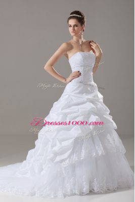 Hot Sale Lace Up Wedding Gown White for Wedding Party with Lace and Pick Ups Brush Train