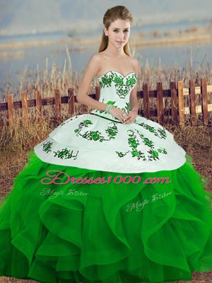 Luxury Sweetheart Sleeveless Sweet 16 Dresses Floor Length Embroidery and Ruffles and Bowknot Green Tulle