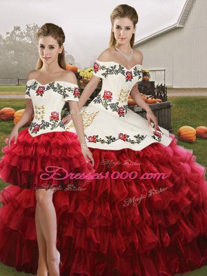 Wine Red Lace Up Off The Shoulder Embroidery and Ruffled Layers 15 Quinceanera Dress Organza Sleeveless