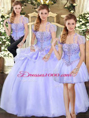 Cute Lavender Three Pieces Organza Strapless Sleeveless Beading and Appliques Floor Length Lace Up Quinceanera Gowns