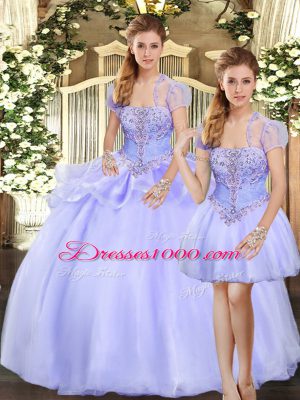 Cute Lavender Three Pieces Organza Strapless Sleeveless Beading and Appliques Floor Length Lace Up Quinceanera Gowns