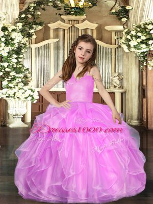 Popular Ball Gowns Winning Pageant Gowns Lilac Straps Organza Sleeveless Floor Length Lace Up