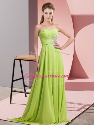 Designer Yellow Green Sweetheart Neckline Beading and Ruching Dress for Prom Long Sleeves Lace Up