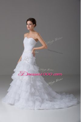 White Wedding Gowns Wedding Party with Beading and Ruffled Layers Sweetheart Sleeveless Brush Train Lace Up