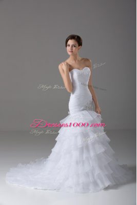 White Wedding Gowns Wedding Party with Beading and Ruffled Layers Sweetheart Sleeveless Brush Train Lace Up