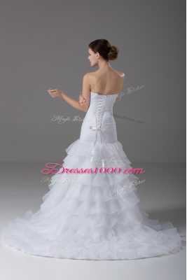 White Wedding Gowns Wedding Party with Beading and Ruffled Layers Sweetheart Sleeveless Brush Train Lace Up