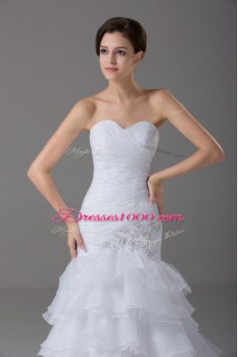 White Wedding Gowns Wedding Party with Beading and Ruffled Layers Sweetheart Sleeveless Brush Train Lace Up