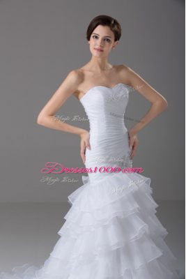 White Wedding Gowns Wedding Party with Beading and Ruffled Layers Sweetheart Sleeveless Brush Train Lace Up