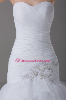 White Wedding Gowns Wedding Party with Beading and Ruffled Layers Sweetheart Sleeveless Brush Train Lace Up