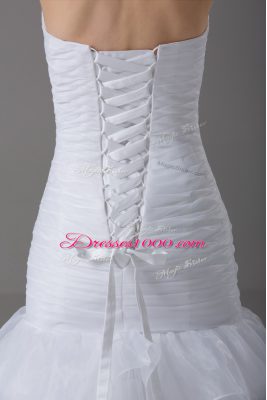 White Wedding Gowns Wedding Party with Beading and Ruffled Layers Sweetheart Sleeveless Brush Train Lace Up