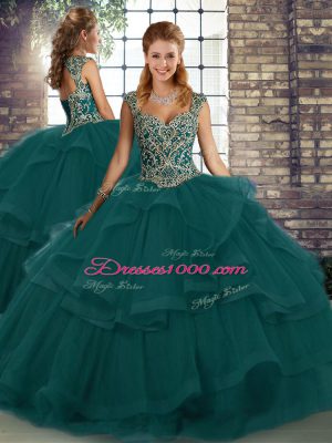 Sweet Peacock Green Sleeveless Floor Length Beading and Ruffles Lace Up 15th Birthday Dress