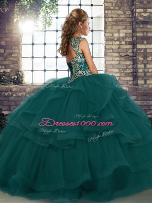 Sweet Peacock Green Sleeveless Floor Length Beading and Ruffles Lace Up 15th Birthday Dress