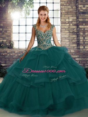 Sweet Peacock Green Sleeveless Floor Length Beading and Ruffles Lace Up 15th Birthday Dress