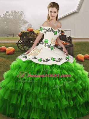 Hot Selling Floor Length Lace Up Sweet 16 Dresses Green for Military Ball and Sweet 16 and Quinceanera with Embroidery and Ruffled Layers