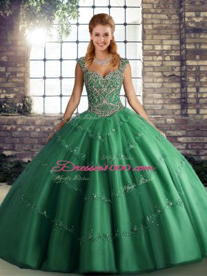Ball Gowns 15th Birthday Dress Green Straps Tulle Sleeveless Floor Length Lace Up