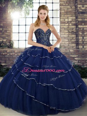 Navy Blue Tulle Lace Up Quinceanera Dress Sleeveless Brush Train Beading and Ruffled Layers