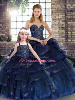 Artistic Floor Length Navy Blue Ball Gown Prom Dress Tulle Sleeveless Beading and Ruffles