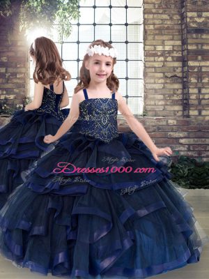 Artistic Floor Length Navy Blue Ball Gown Prom Dress Tulle Sleeveless Beading and Ruffles