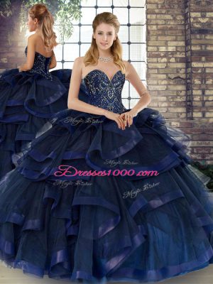 Artistic Floor Length Navy Blue Ball Gown Prom Dress Tulle Sleeveless Beading and Ruffles