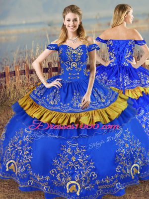 New Style Blue Ball Gowns Satin Off The Shoulder Sleeveless Embroidery Floor Length Lace Up Sweet 16 Dresses