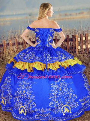 New Style Blue Ball Gowns Satin Off The Shoulder Sleeveless Embroidery Floor Length Lace Up Sweet 16 Dresses