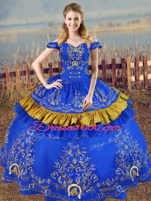 New Style Blue Ball Gowns Satin Off The Shoulder Sleeveless Embroidery Floor Length Lace Up Sweet 16 Dresses
