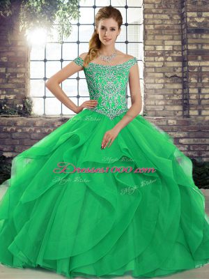 High End Off The Shoulder Sleeveless 15th Birthday Dress Brush Train Beading and Ruffles Green Tulle