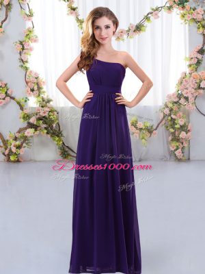 Pretty Purple Empire One Shoulder Sleeveless Chiffon Floor Length Zipper Ruching Quinceanera Court Dresses