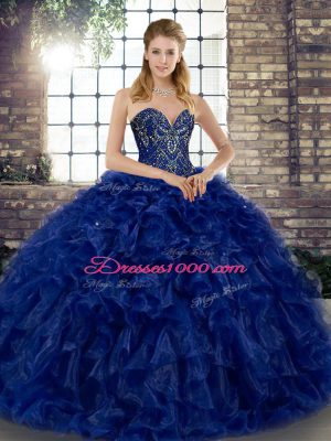 Royal Blue Sweetheart Lace Up Beading and Ruffles Sweet 16 Quinceanera Dress Sleeveless