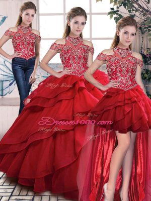 Red Quinceanera Gown Halter Top Sleeveless Lace Up