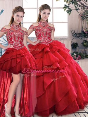 Red Quinceanera Gown Halter Top Sleeveless Lace Up
