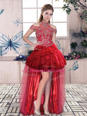 Red Quinceanera Gown Halter Top Sleeveless Lace Up
