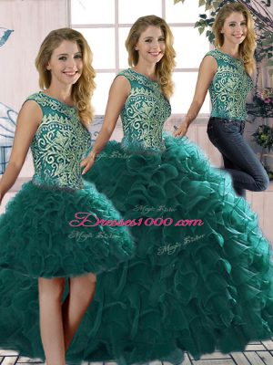 Peacock Green Sleeveless Organza Lace Up Quinceanera Dress for Military Ball and Sweet 16 and Quinceanera
