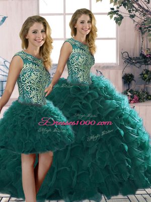 Peacock Green Sleeveless Organza Lace Up Quinceanera Dress for Military Ball and Sweet 16 and Quinceanera