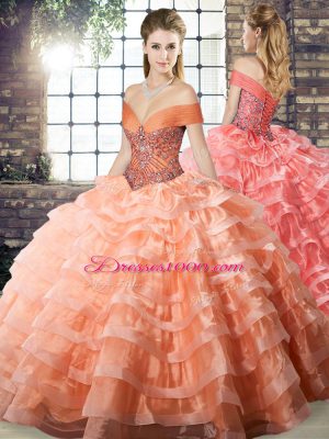 Peach Sweet 16 Dress Military Ball and Sweet 16 and Quinceanera with Beading and Ruffled Layers Off The Shoulder Sleeveless Brush Train Lace Up