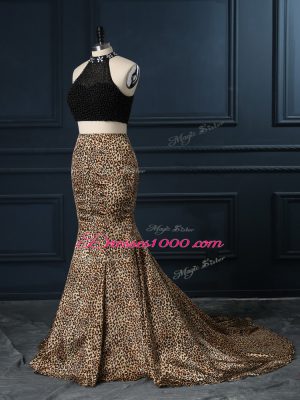 High-neck Sleeveless Printed Prom Dresses Beading Court Train Zipper