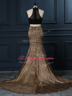 High-neck Sleeveless Printed Prom Dresses Beading Court Train Zipper