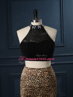 High-neck Sleeveless Printed Prom Dresses Beading Court Train Zipper